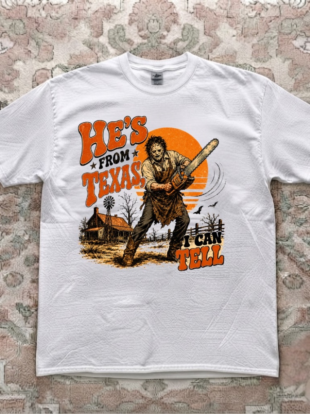 He's From Texas I Can Tell Leatherface Chainsaw Horror Sunset Vintage T-Shirt
